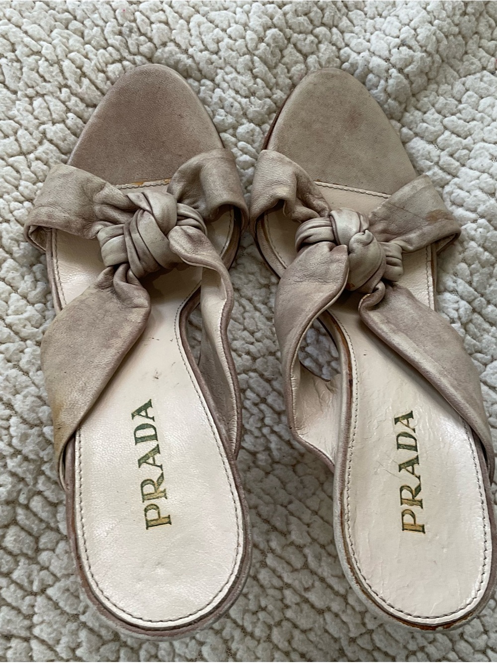 Prada Beige Knotted Leather Slide Sandals sz 38